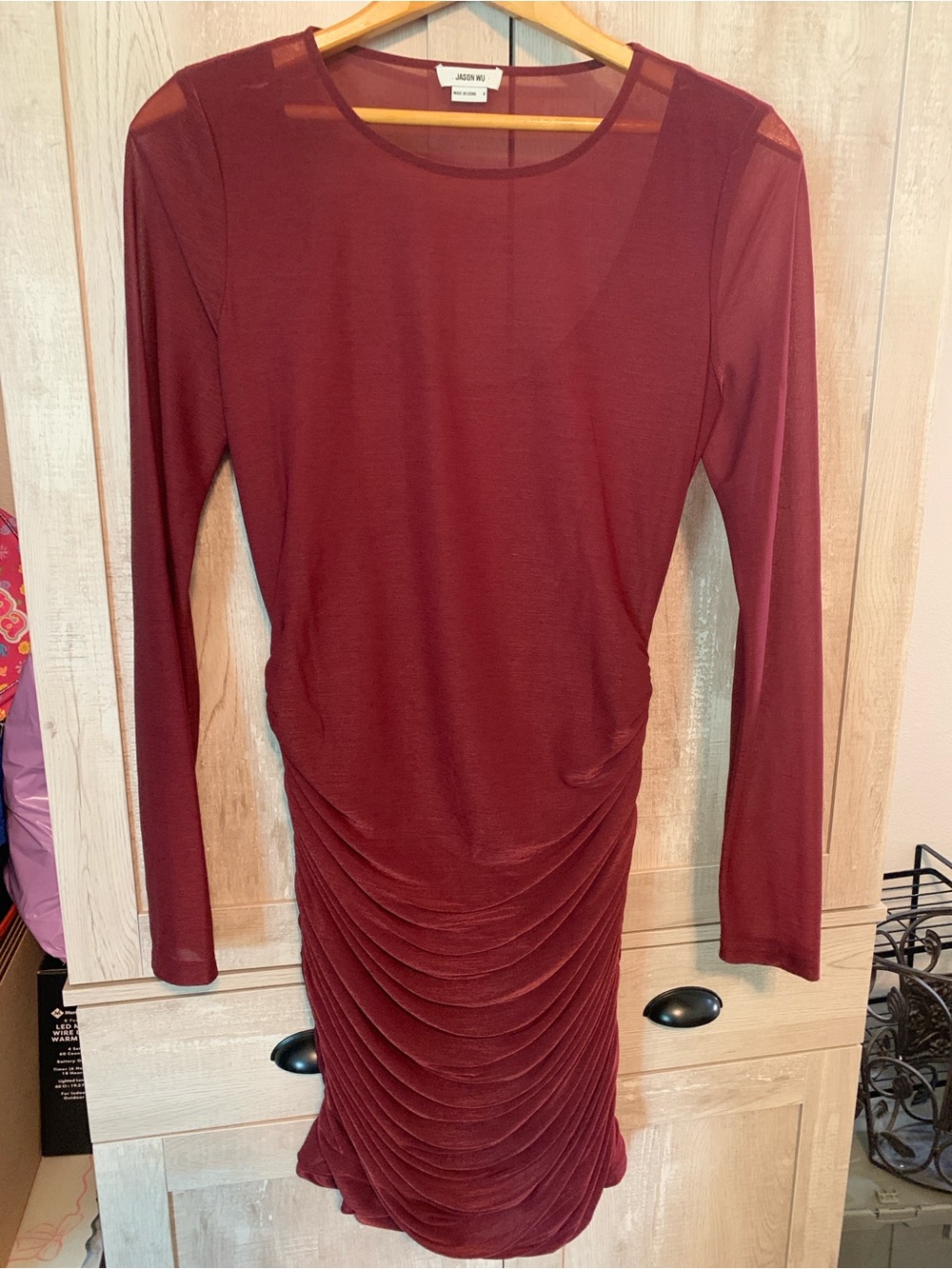 Jason Wu Wine Long-Sleeve Ruched Bodycon Dress